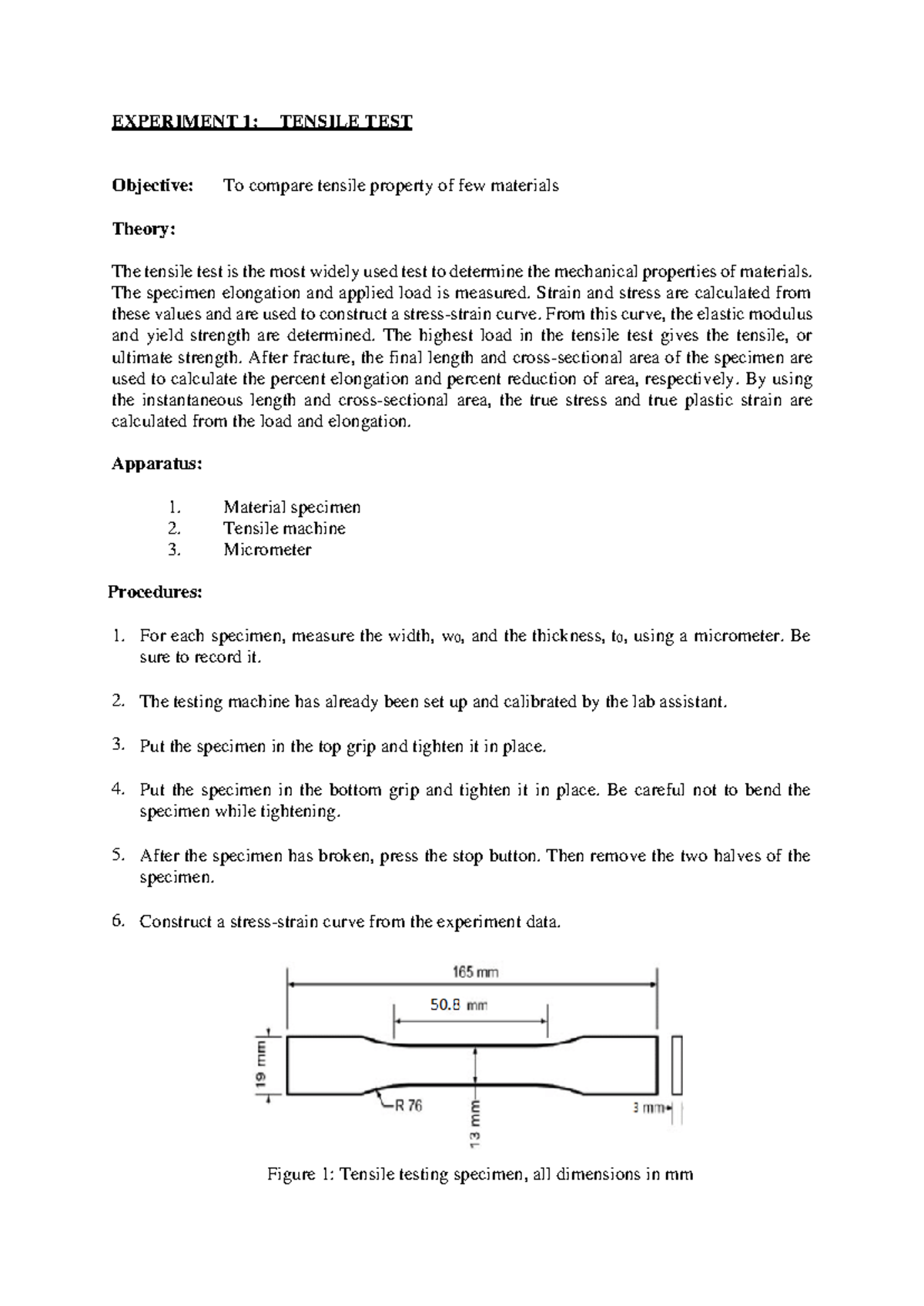 Tensile Procedure - EXPERIMENT 1: TENSILE TEST Objective: To Compare ...