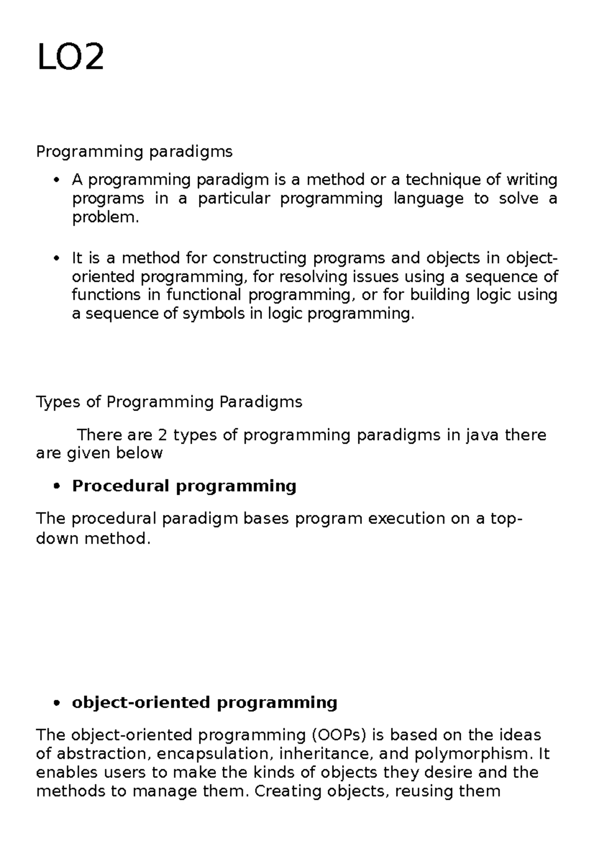 LO2 - assignment - LO Programming paradigms A programming paradigm is a ...