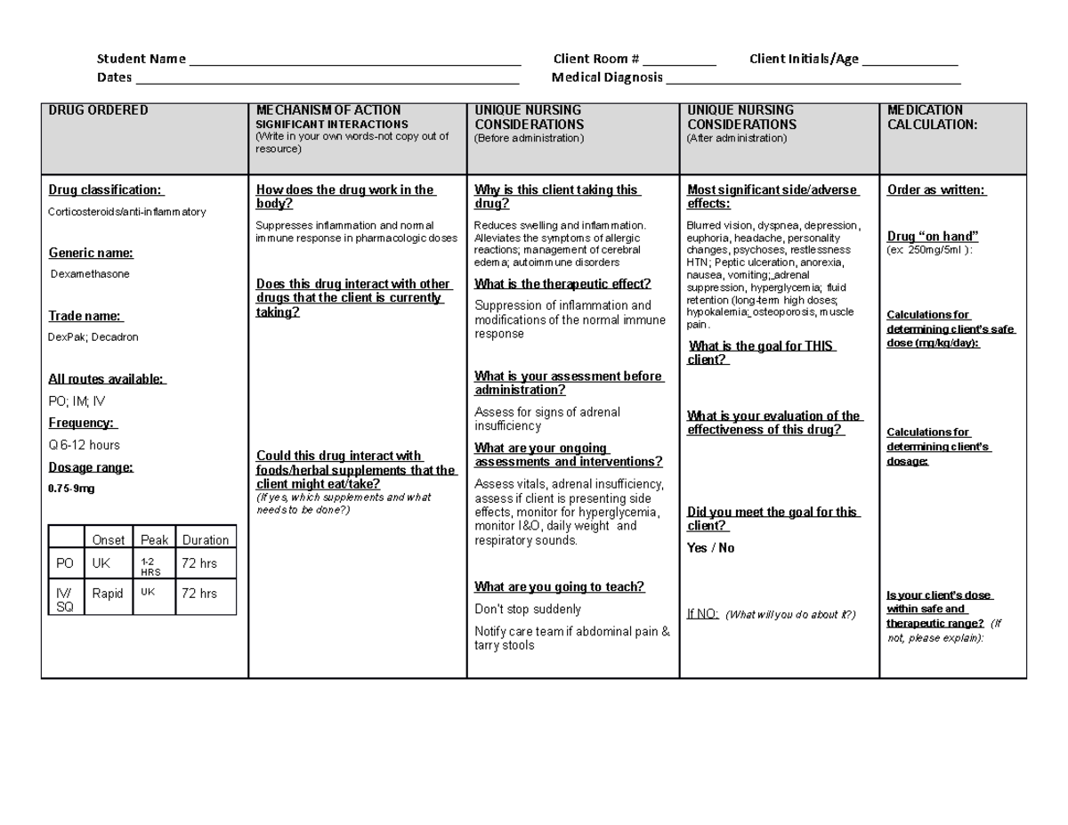 Dexamethasone - MEDICATION CARD - Student Name