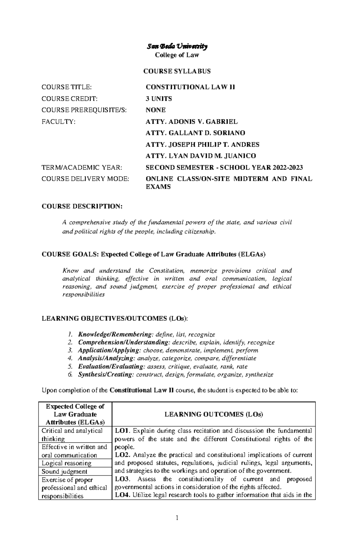Constitutional Law II - Syllabus - San Beda University College of Law ...