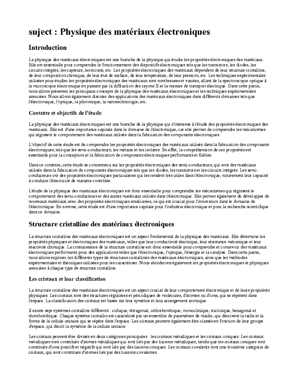 Physique des matériaux électroniques suject Physique des matériaux