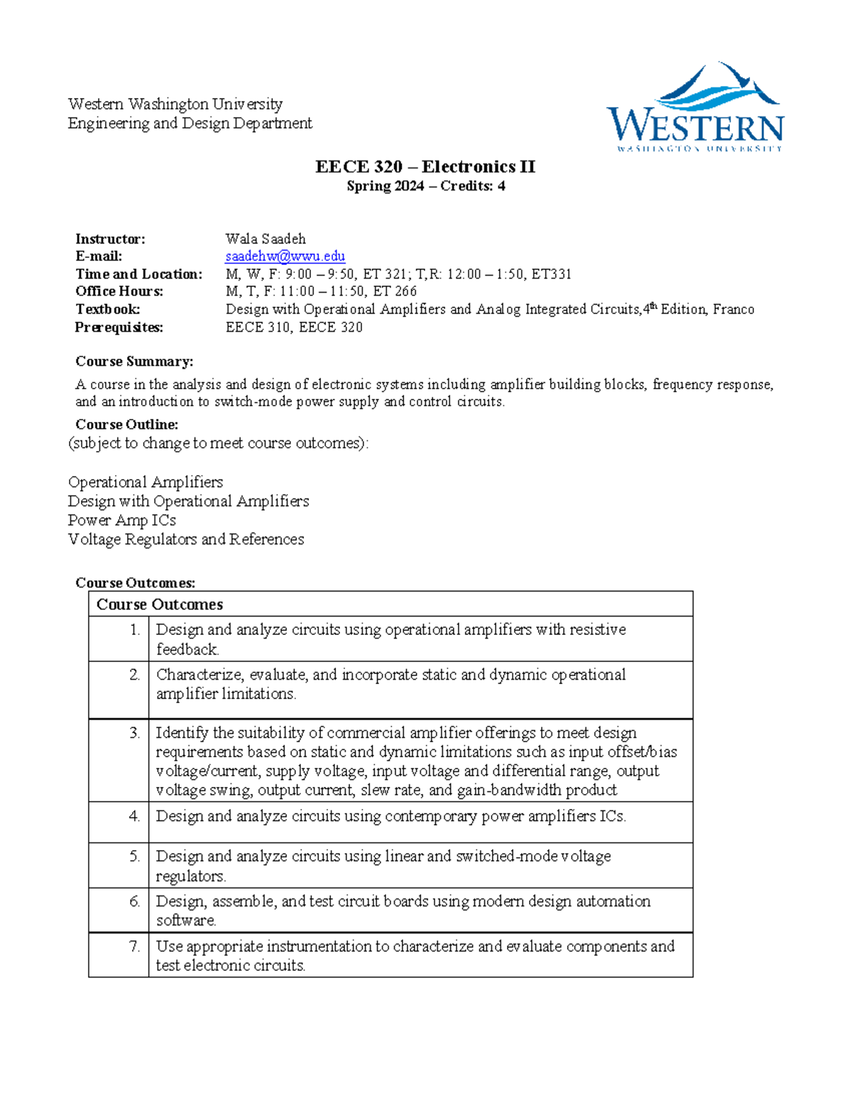 EECE320 Syllabus S24 - Western Washington University Engineering and ...