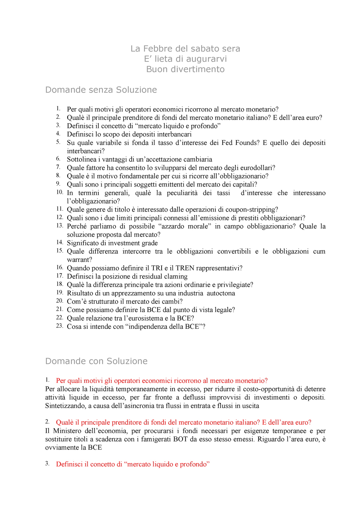 Esempio domande prova d'esame con soluzioni - Sistema Finanziario a.a