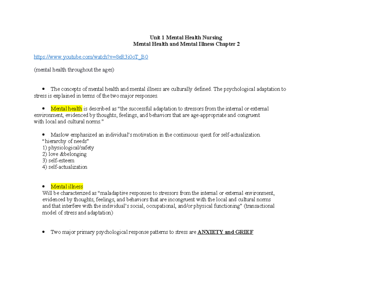 Week 1 Unit 1 Mental Health lecture note 1 - NR-326 - Chamberlain ...