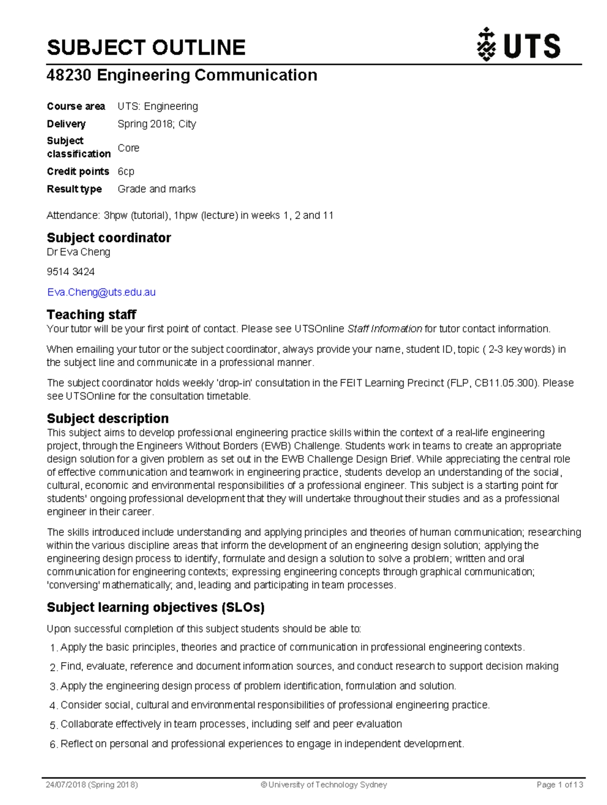 Engineering communication subject outline - SUBJECT OUTLINE 48230 ...