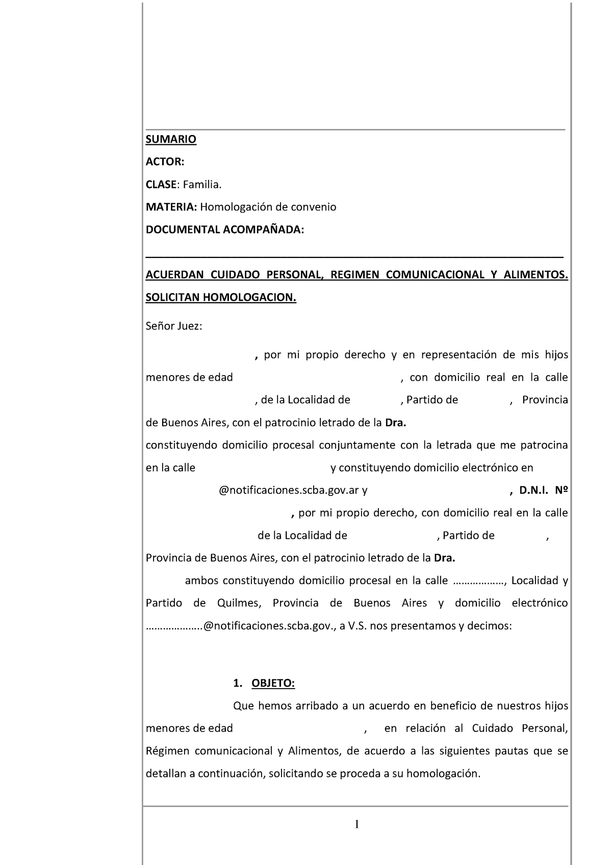 Modelo acuerdo cuidado personal, régimen comunicacional y alimentos -  SUMARIO ACTOR: CLASE : - Studocu