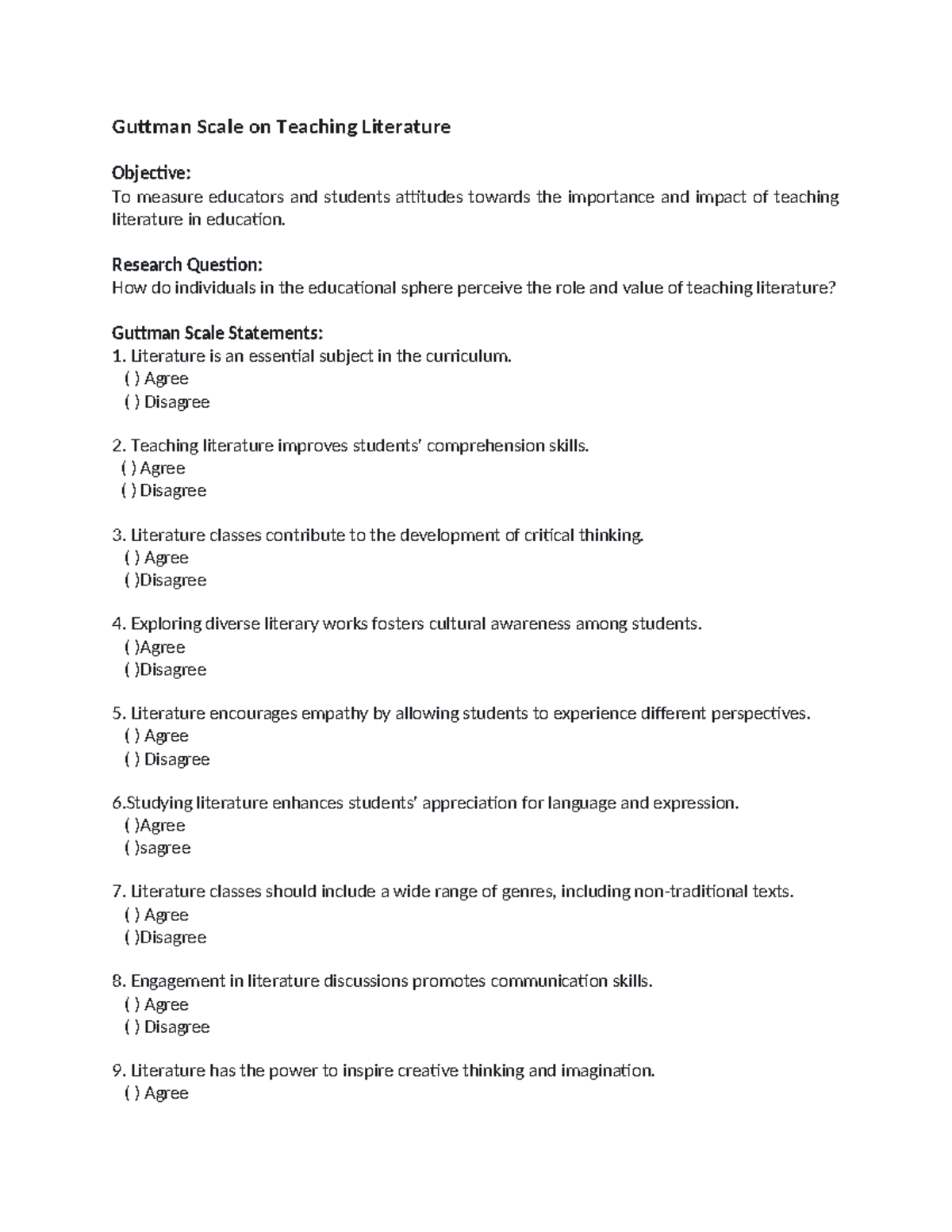 Guttman Scaling - Guttman Scale on Teaching Literature Objective: To ...