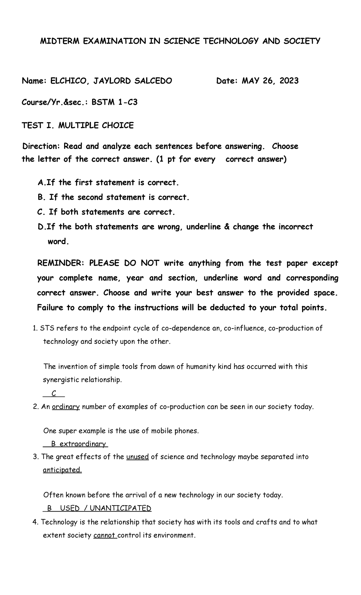 Midterm Examination IN Science Technology AND Society MIDTERM