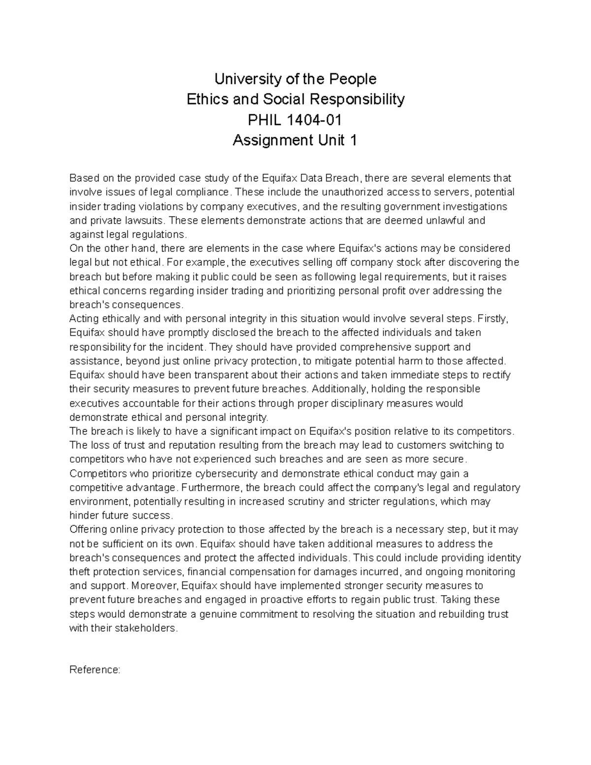 Assignment Unit 1 - gergesgs - University of the People Ethics and ...