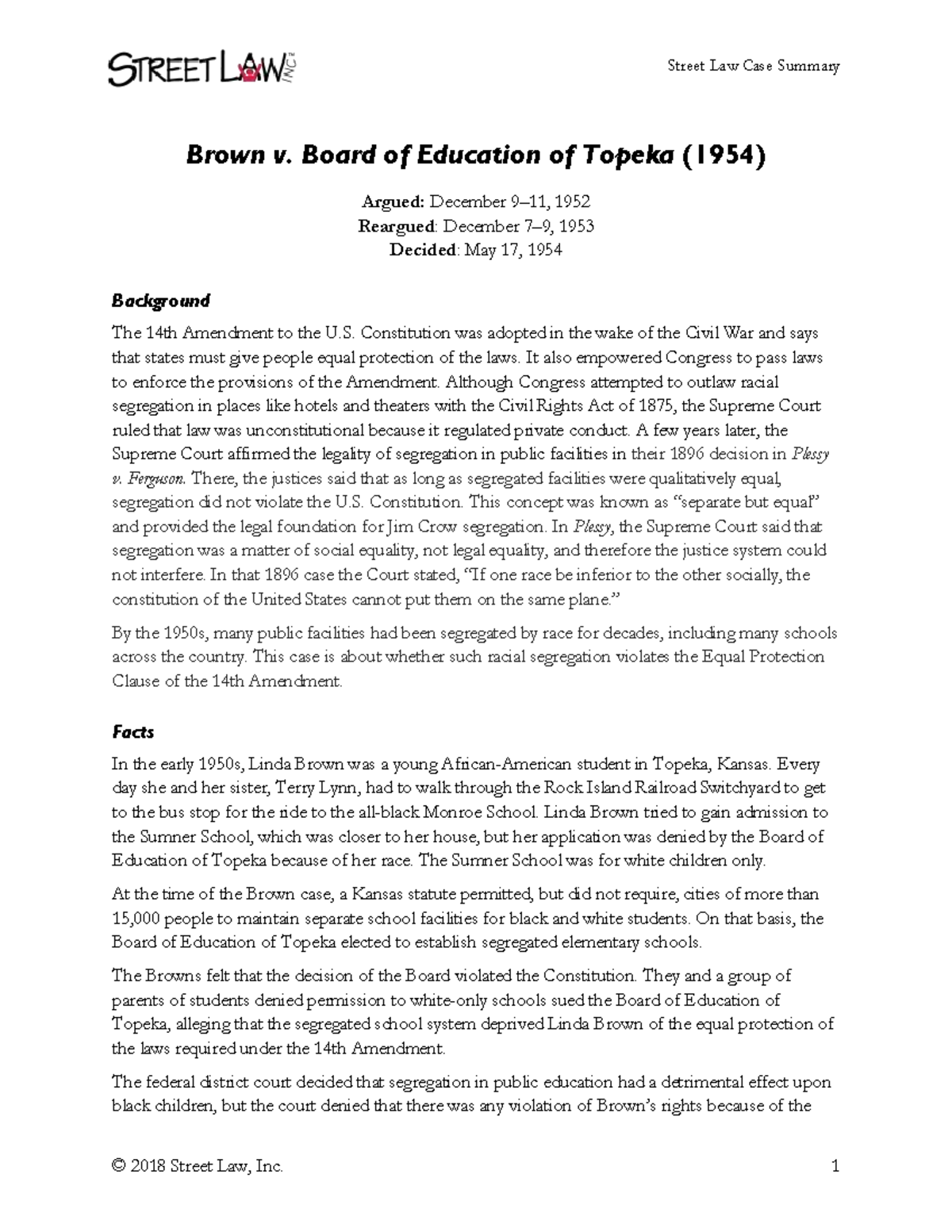 Brown V Board Of Ed Final - Street Law Case Summary Brown V. Board Of ...