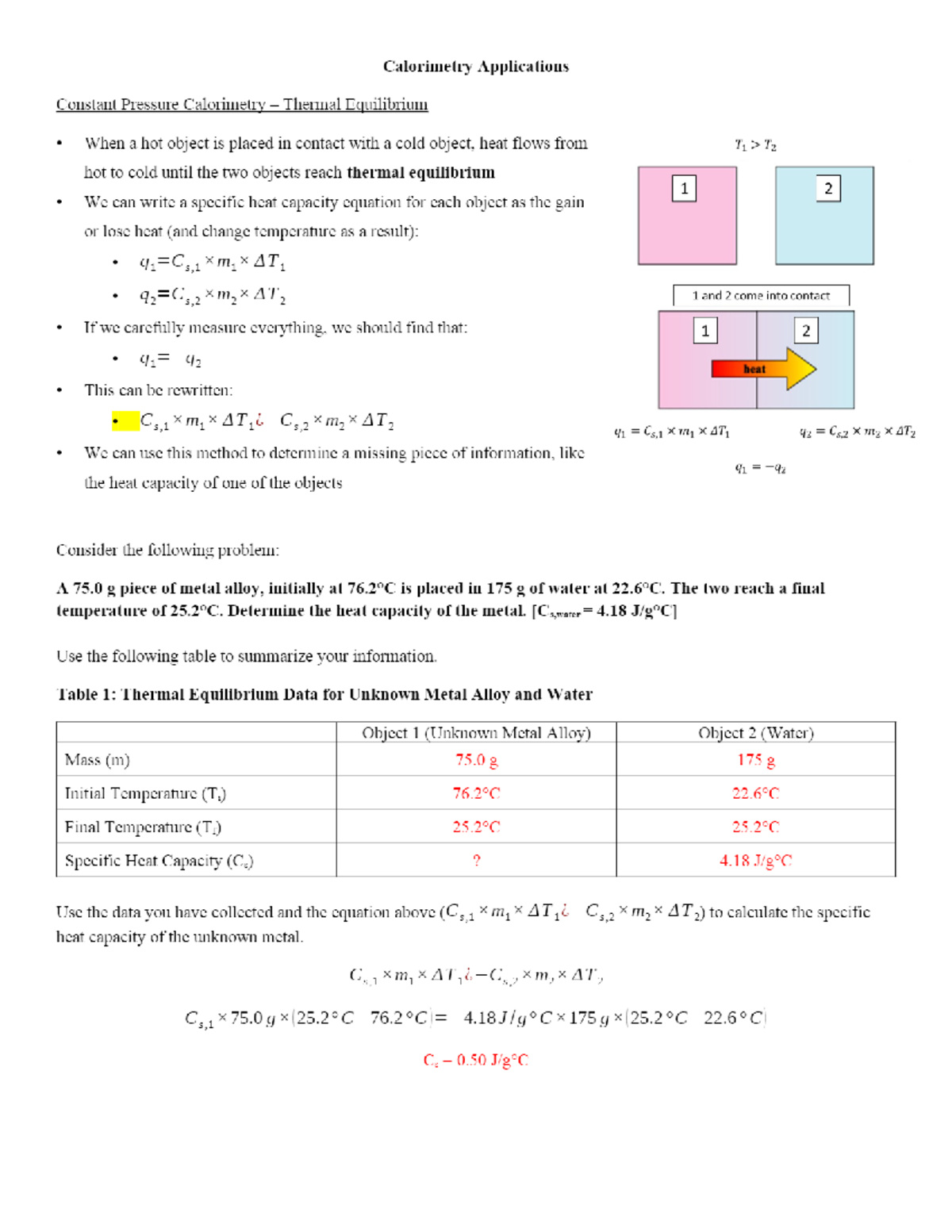 Chapter 6 - Thermal Equilibrium And Calorimetry Worksheet - CHEM 1211K ...