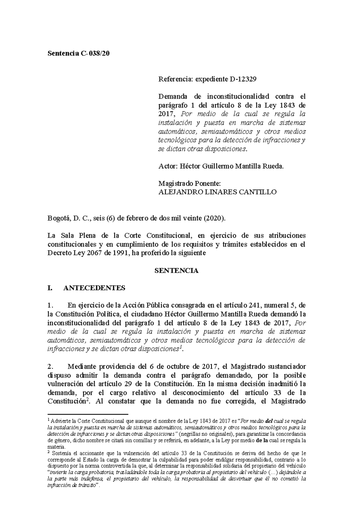 Sentencia-c-038-de-2020 tumba foto comparendos - Referencia: expediente