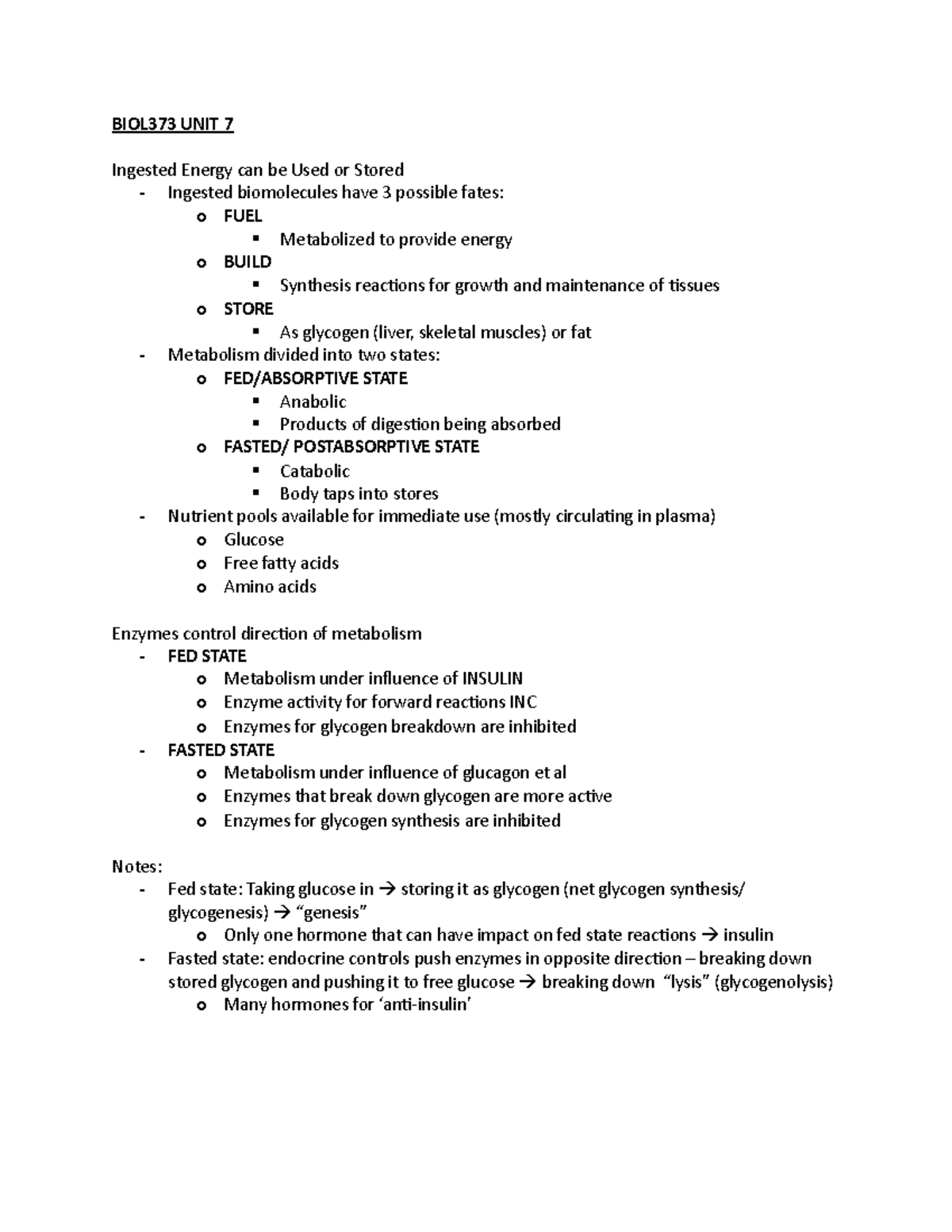 BIOL373 UNIT 7 - Lecture notes unit 7 - BIOL373 UNIT 7 Ingested Energy ...