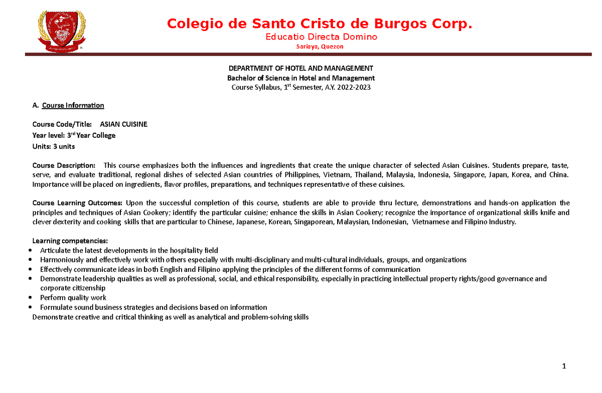 Course Syllabus Asian Cuisine Educatio Directa Domino Sariaya, Quezon