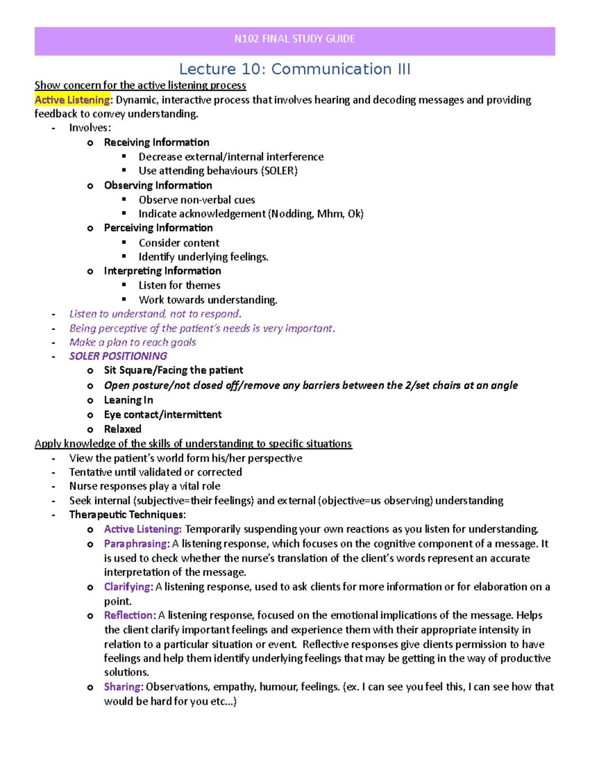 Communication III - N102 FINAL STUDY GUIDE Lecture 10: Communication ...