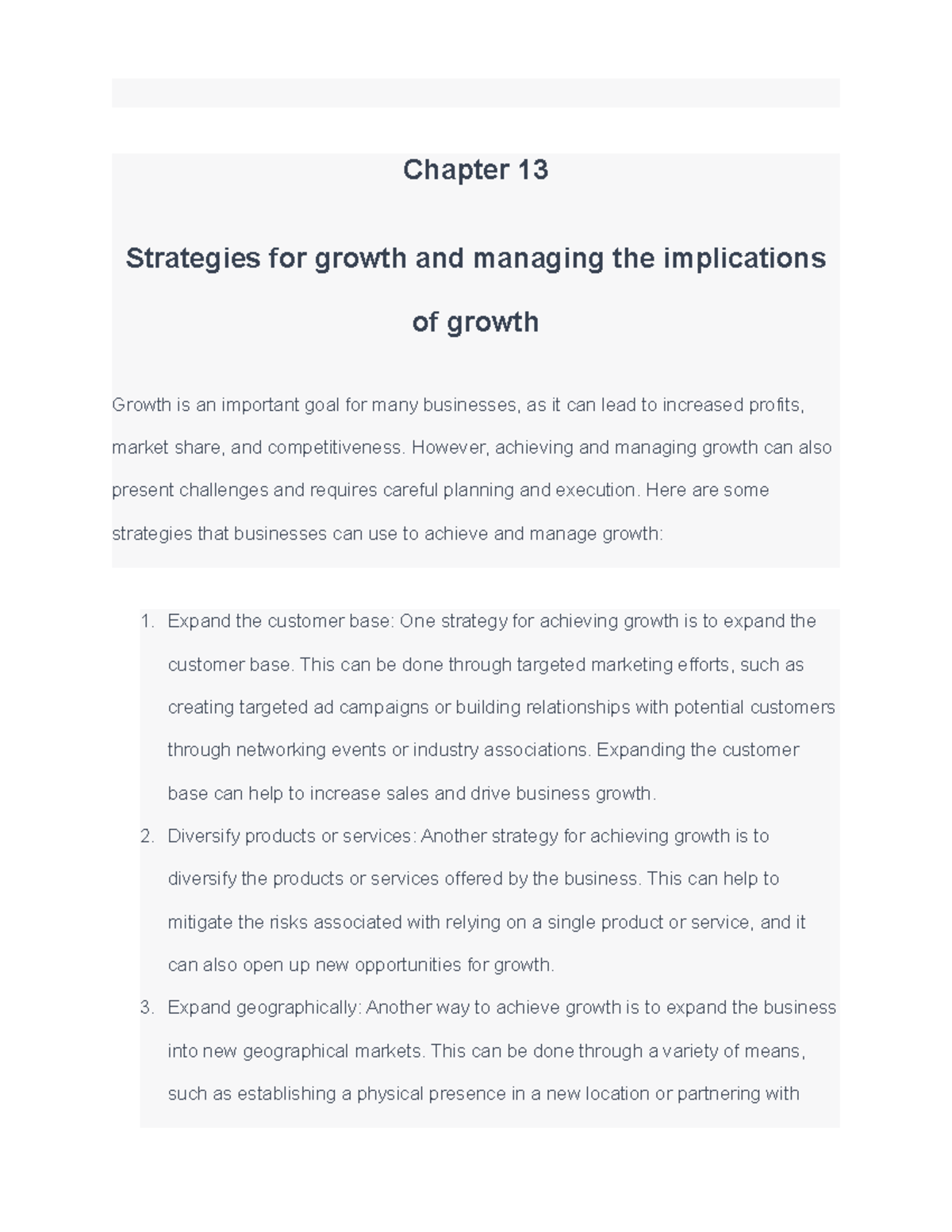 Chapter 13 part 1 - Chapter 13 Strategies for growth and managing the ...