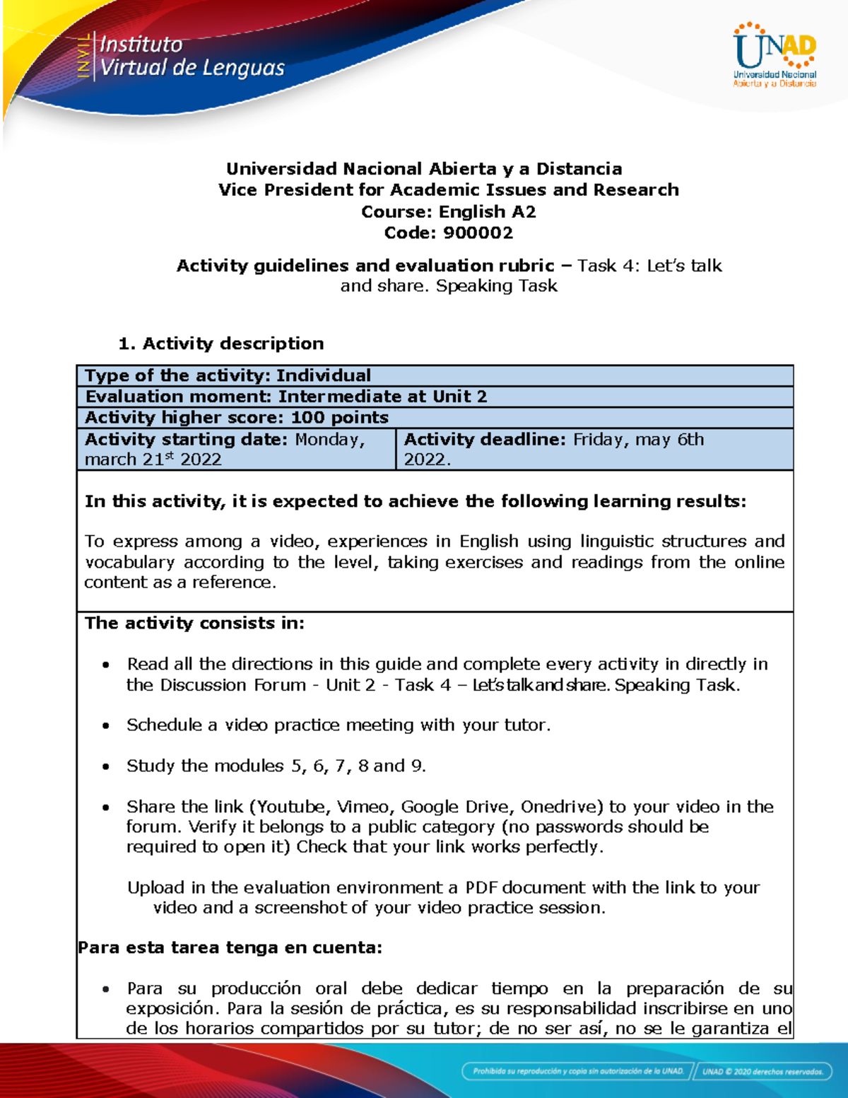Activity guide and evaluation rubric - Unit 2 - Task 4 - Lets talk and ...