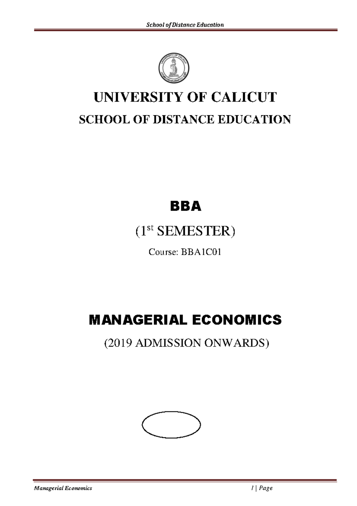 Managerial EconomicsBBA Study material UNIVERSITY OF CALICUT SCHOOL OF DISTANCE EDUCATION BBA