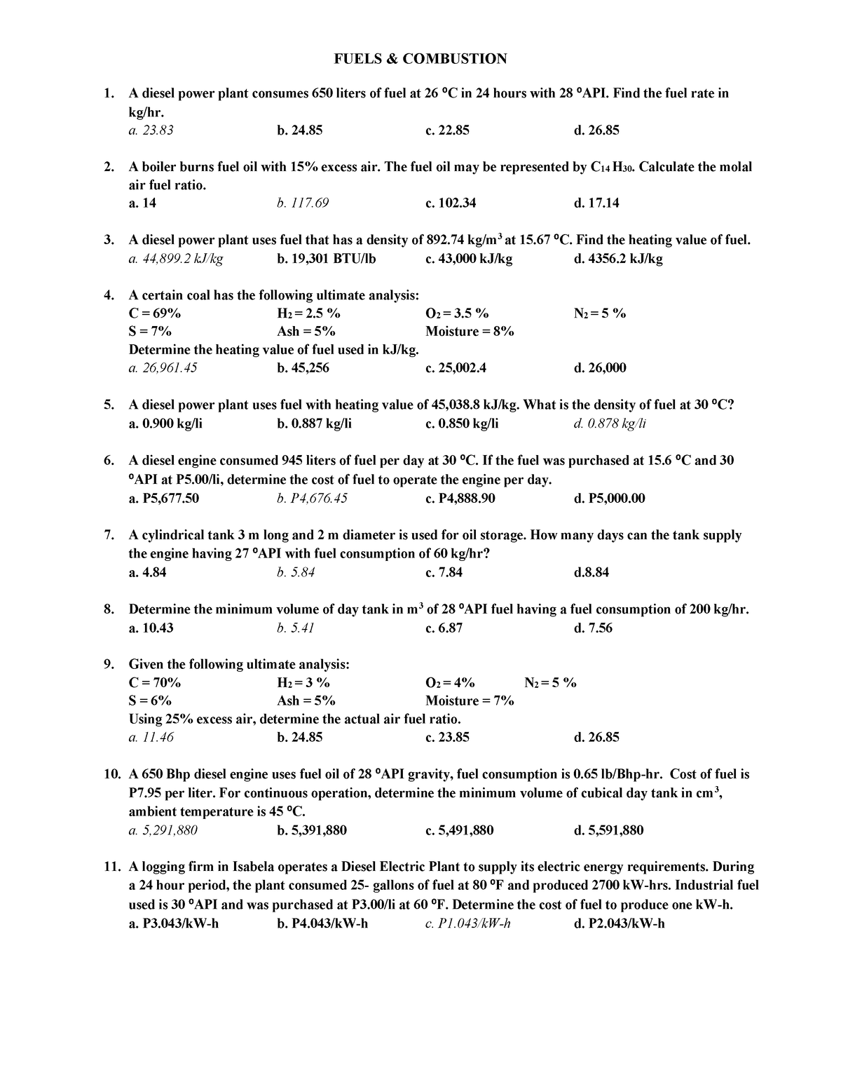 Fuel Combustion Sample Problems - FUELS & COMBUSTION A diesel power ...