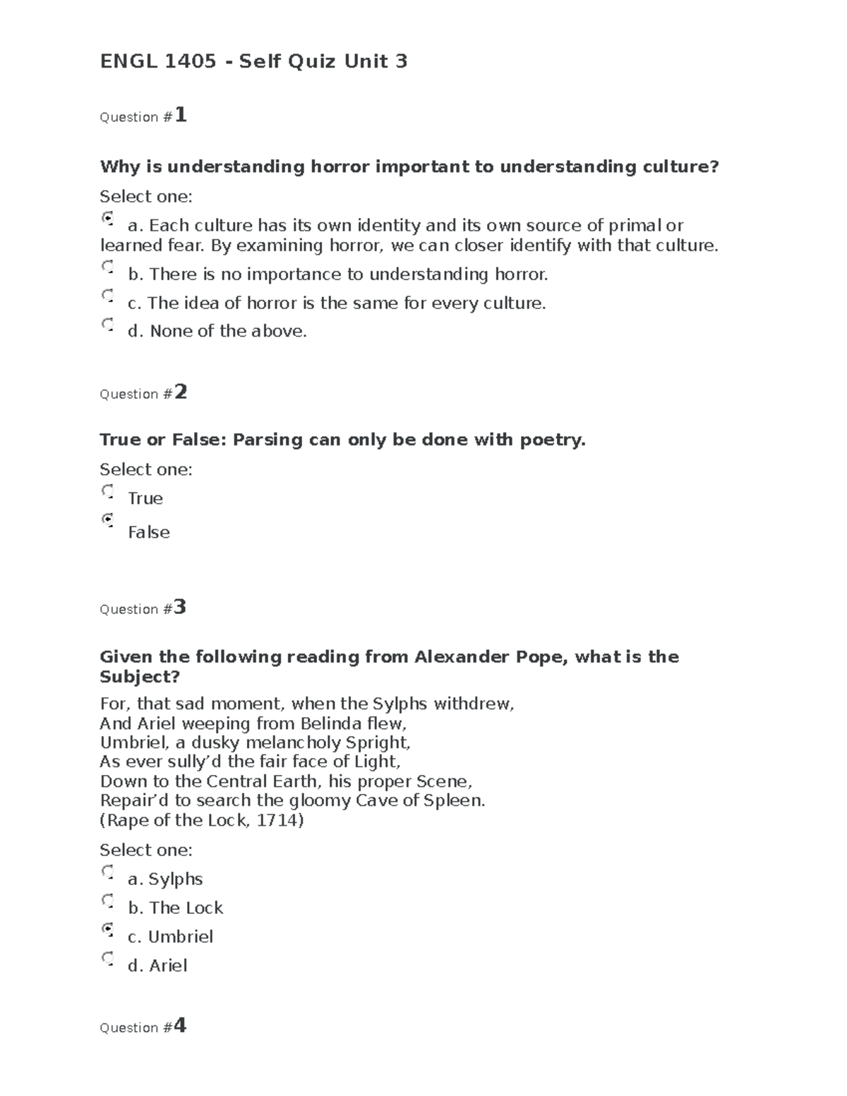 ENGL 1405 - Self Quiz Unit 3 - ENGL 1405 - Self Quiz Unit 3 Question ...