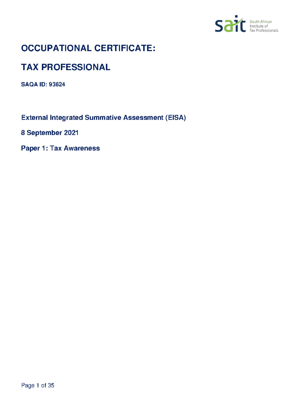 Paper 1 Tax Professional Fundamental Awareness OCCUPATIONAL