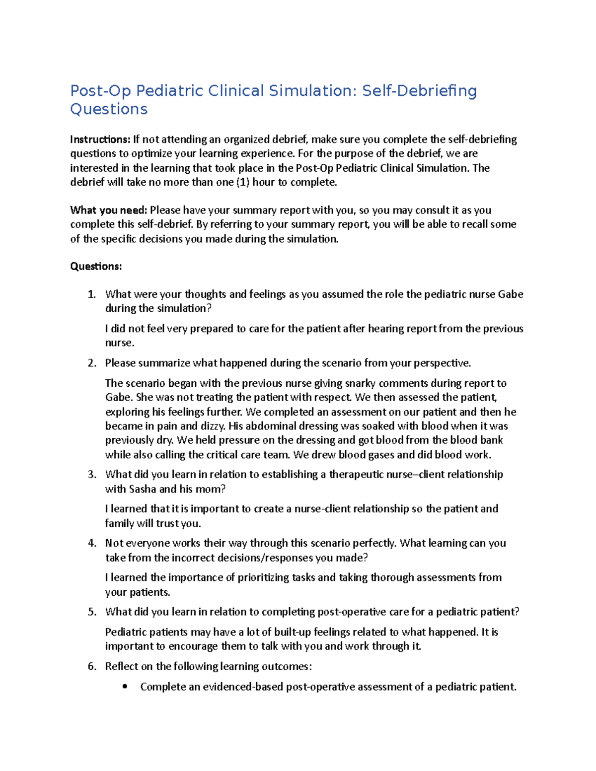 Pediatric 1 Debrief Caitlin Exley PostOp Pediatric Clinical