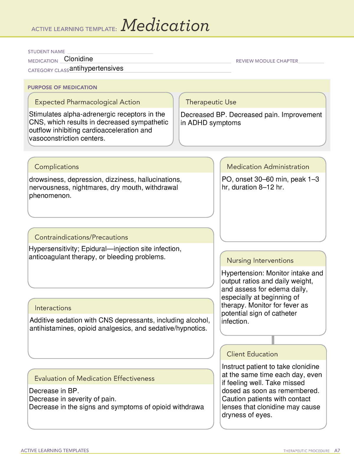 Clonidine ACTIVE LEARNING TEMPLATES THERAPEUTIC PROCEDURE A