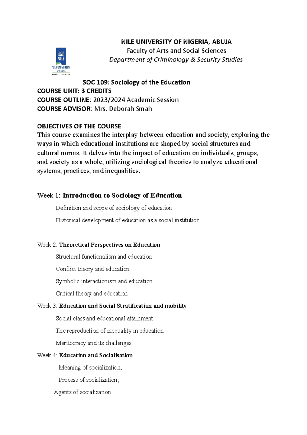 Sociology of Education Course Outline - NILE UNIVERSITY OF NIGERIA ...