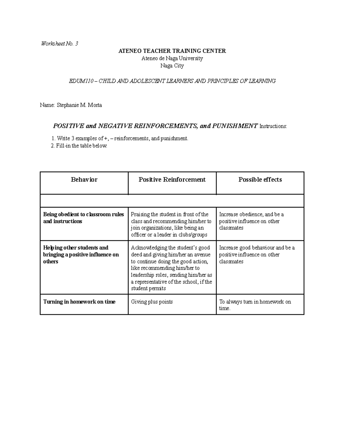 Stephanie Morta Worksheet No 3 Positive and Negative Reinforcement ...