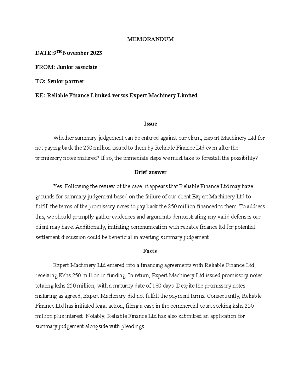 Legal writing - MEMORANDUM DATE:9TH November 2023 FROM: Junior ...