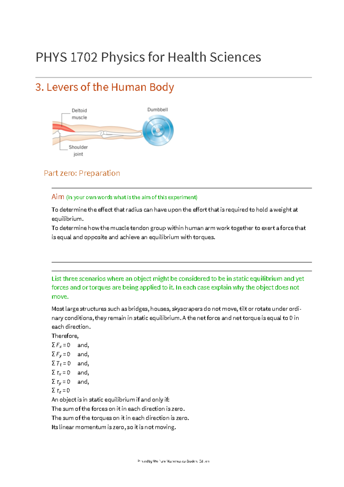 Lab Report 3 Levers PHYS 1702 Physics for Health Sciences 3. Levers