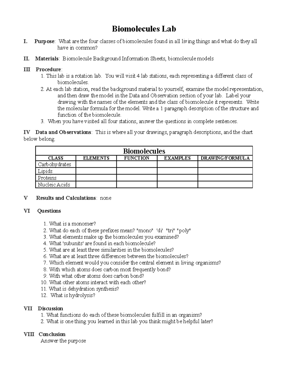 Biomolecules W sh - Biomolecules Lab I. Purpose : What are the four ...