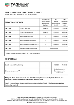 Tag heuer best sale repair price list