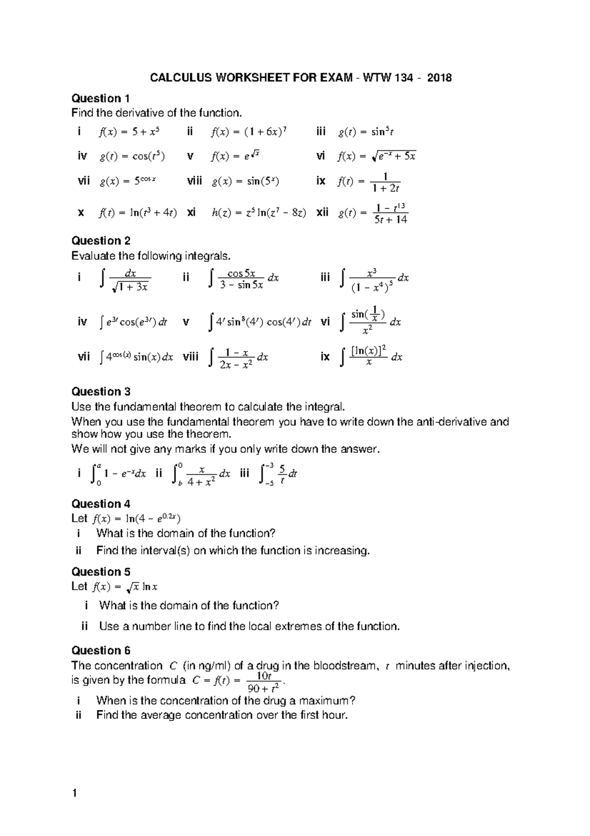WTW134 Calculus - practice everyday goodluck - CALCULUS WORKSHEET FOR ...