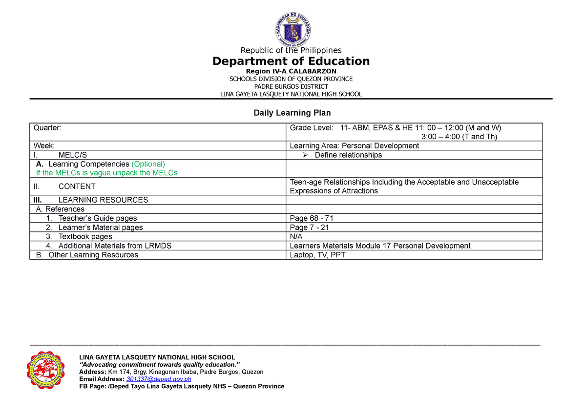 DLP Week-1 Q2 Per Dev - daily Lesson Log - Republic of the Philippines ...