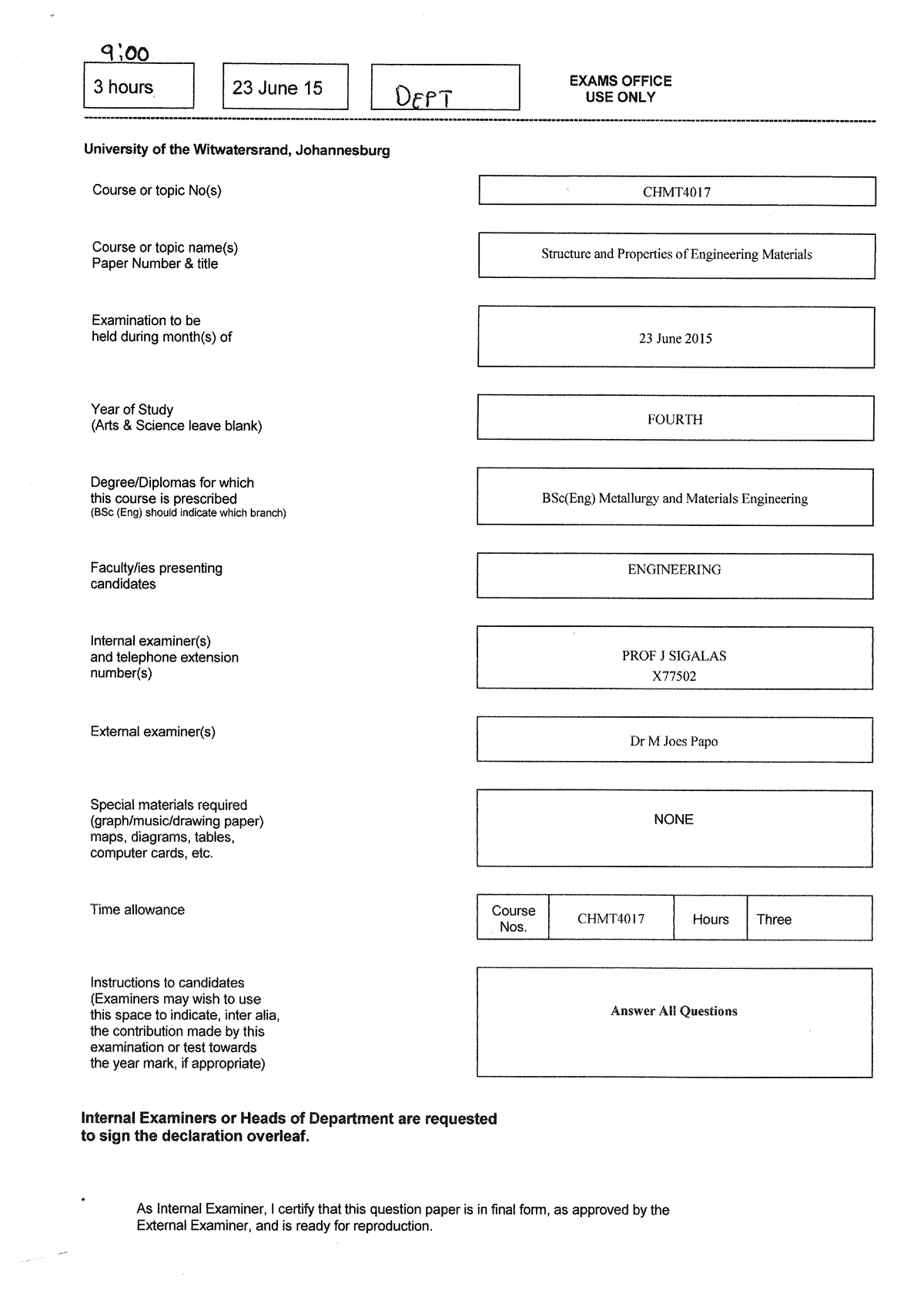 CHMT4017 2015 - test understanding - CHMT2019, CHMT3021, CHMT3025 ...