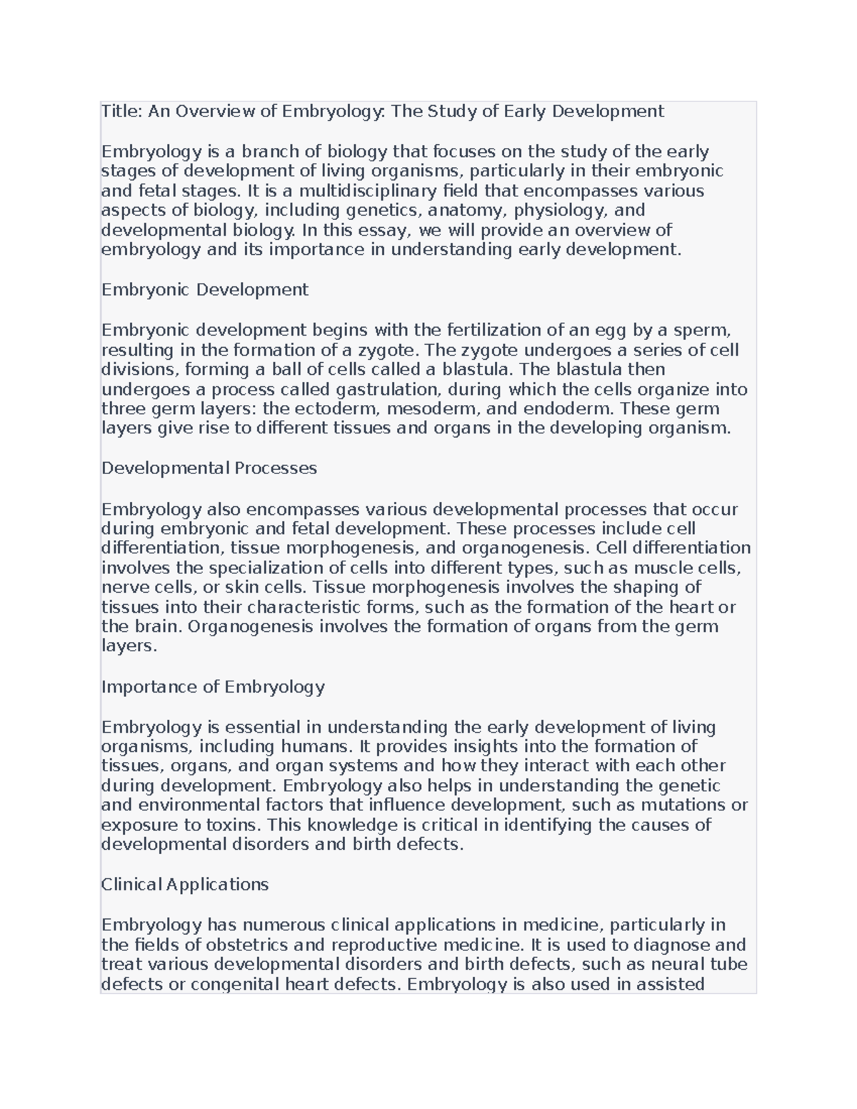 An Overview of Embryology The Study of Early Development Title An