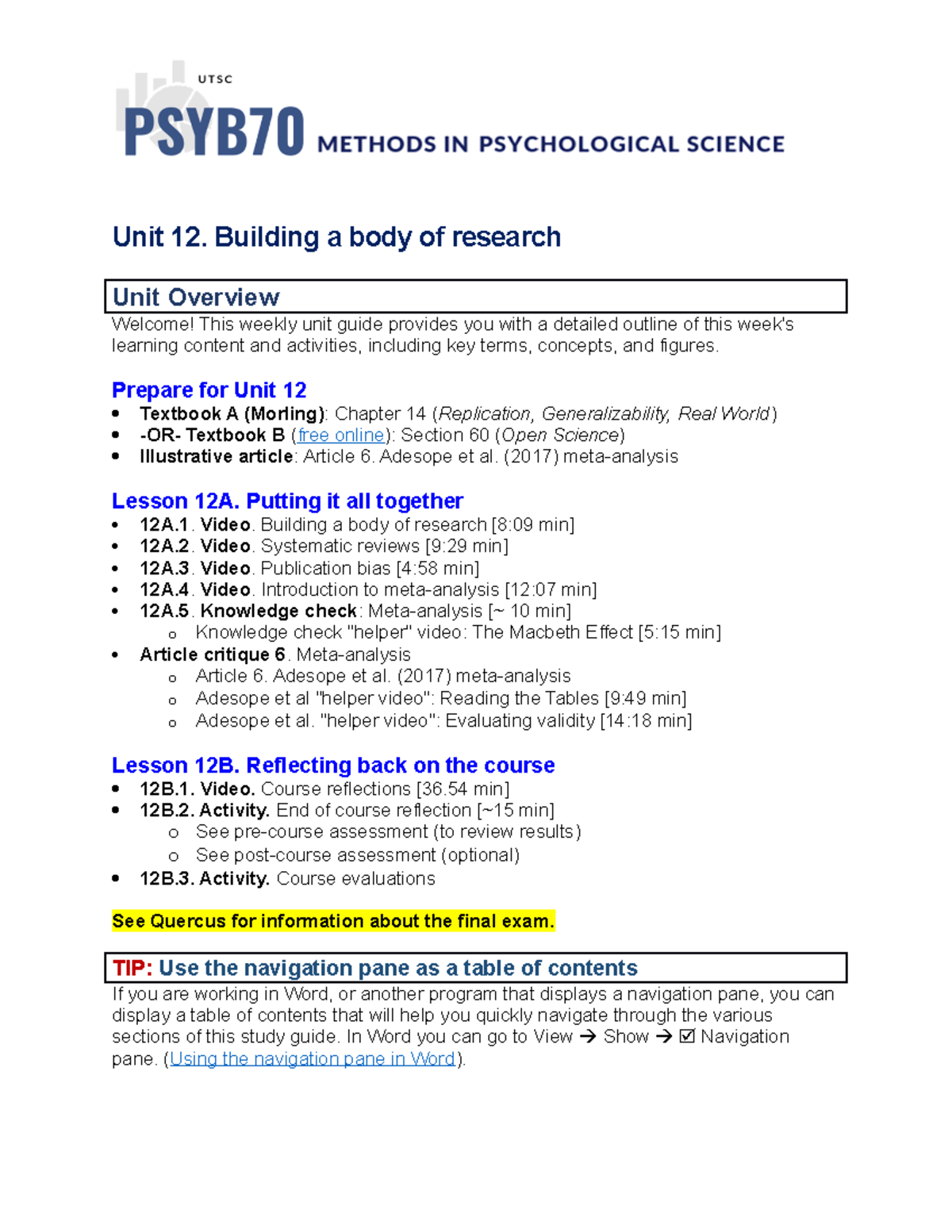 12. Unit 12 Study Guide For Psyb70 Methods In Psychological Science ...