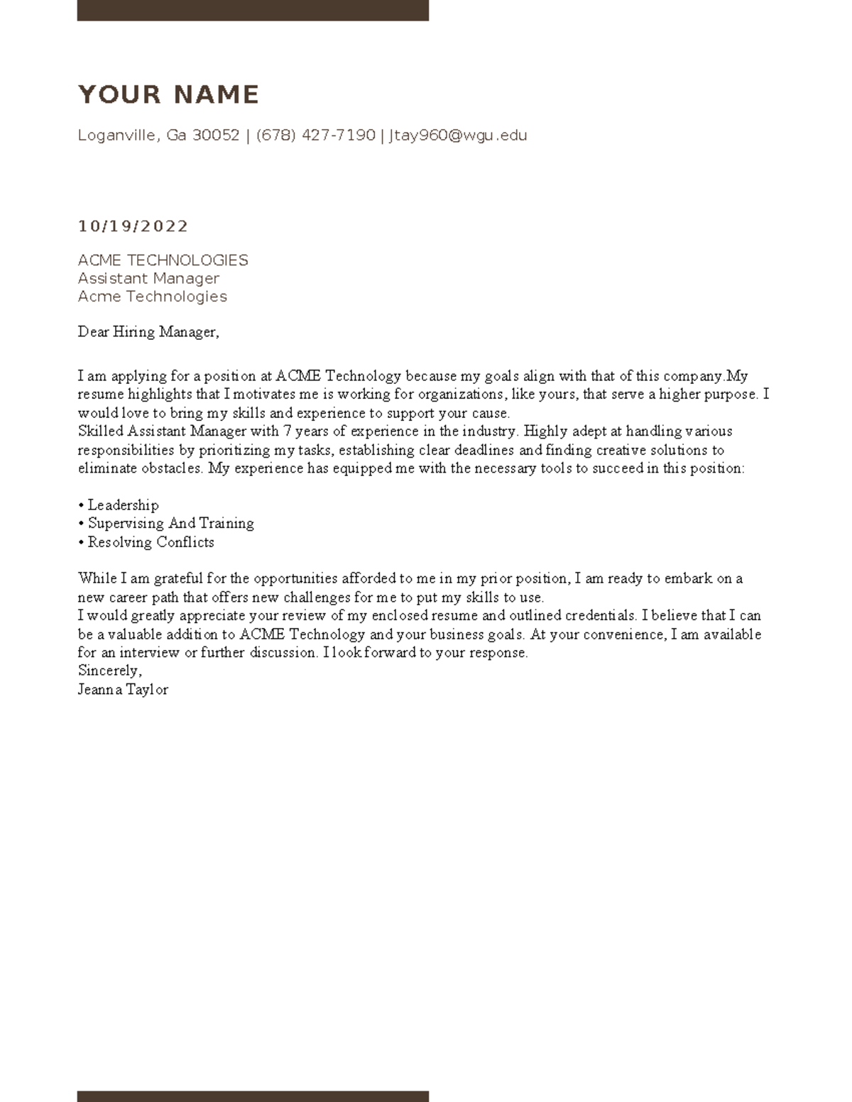 Cover Letter Homework - YOUR NAME Loganville, Ga 30052 | (678) 427-7190 ...