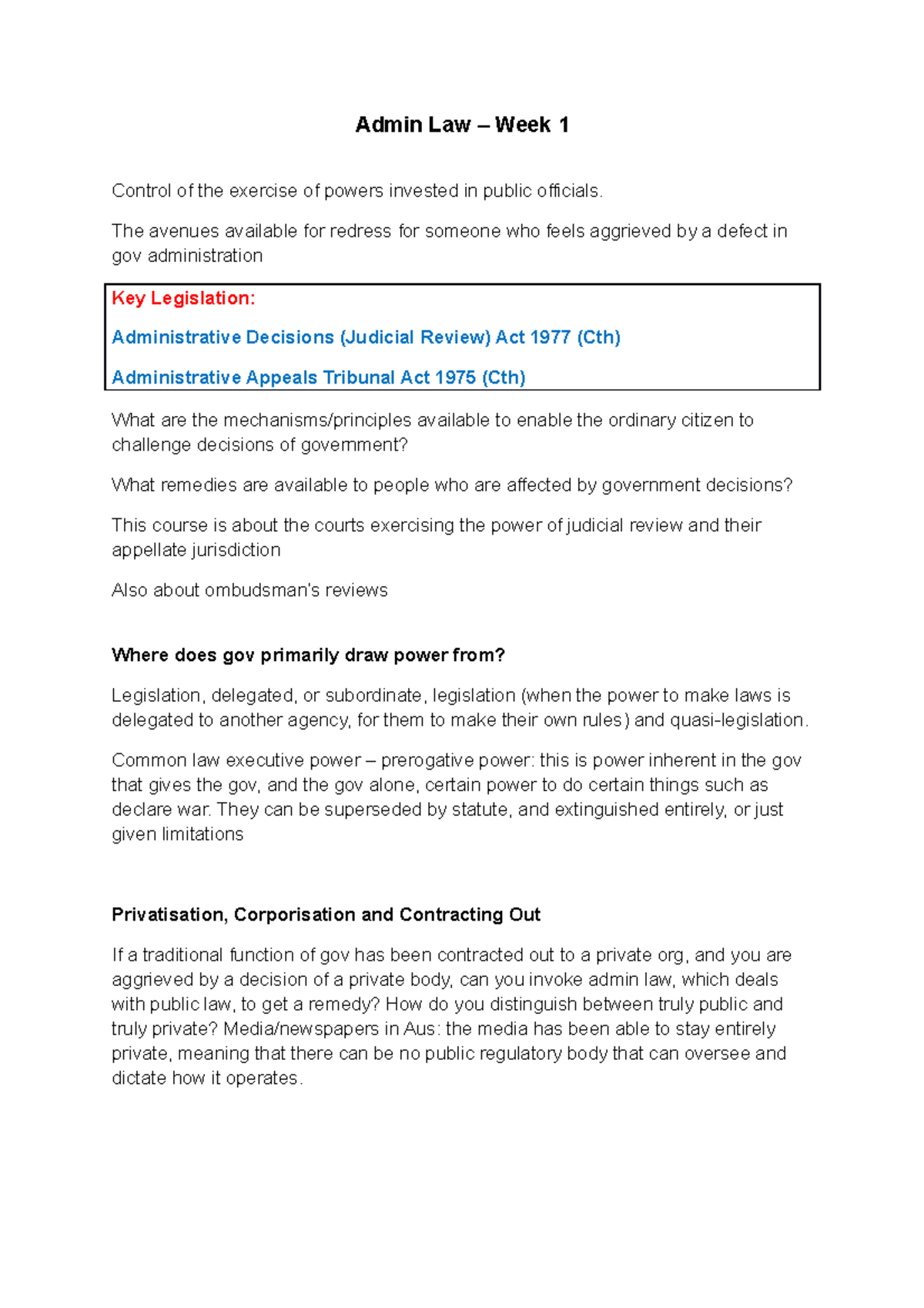 Topic 1 - Introduction and Overview - Admin Law – Week 1 Control of the ...