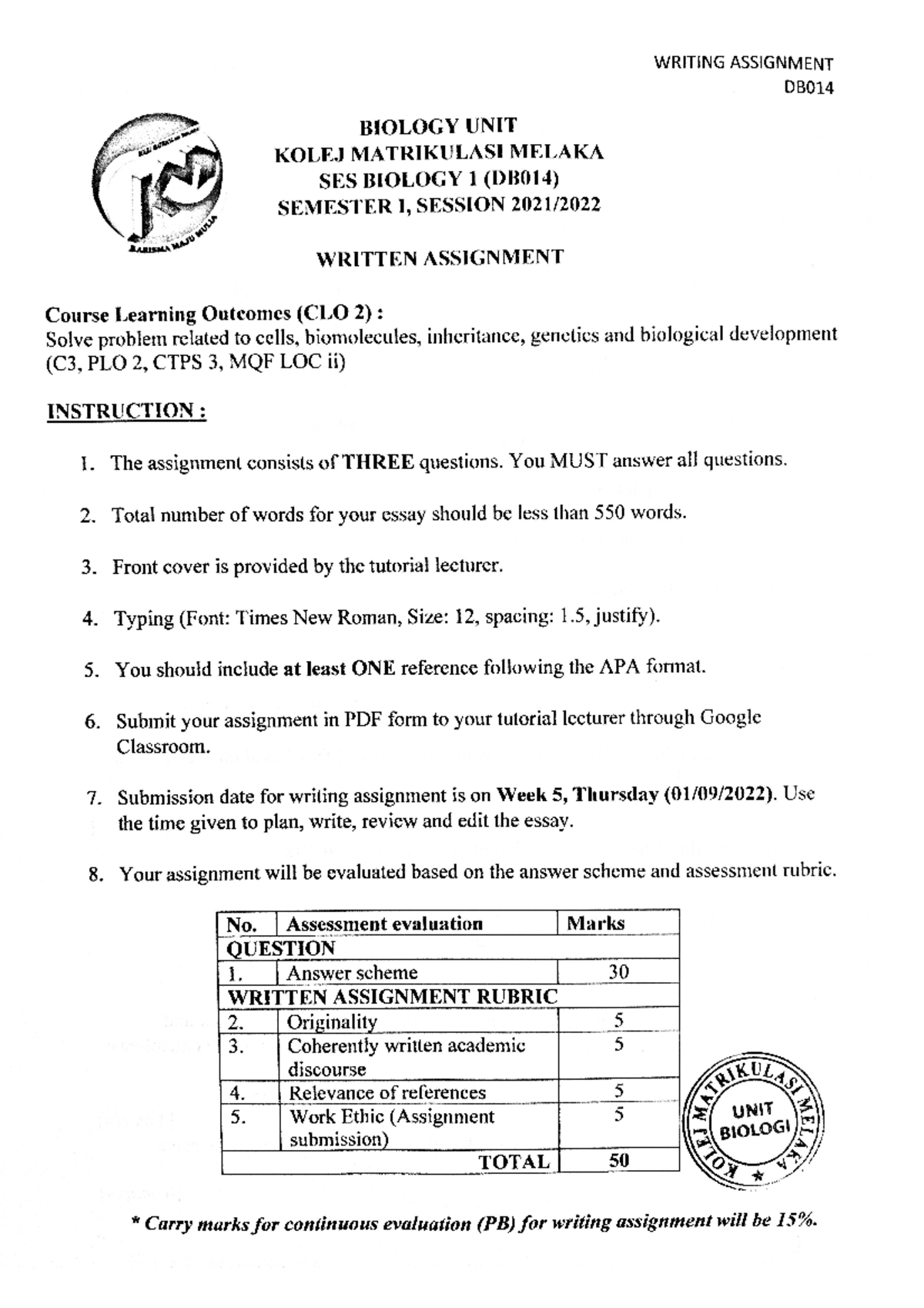 Written Assignment Biology DB014 220815 111939 - Halal Management - Studocu