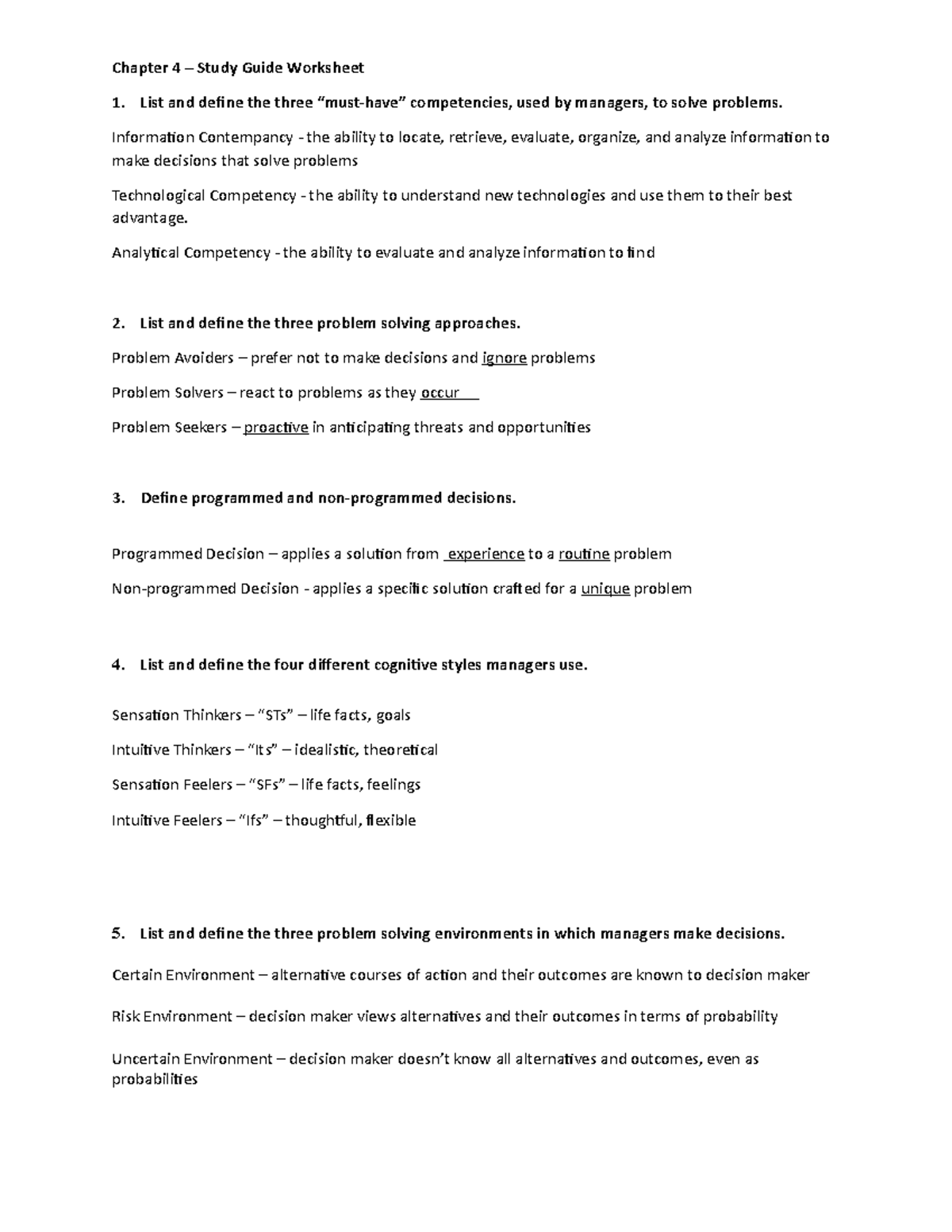 MGMT CH 4 Worksheet - Assignment - Chapter 4 – Study Guide Worksheet ...