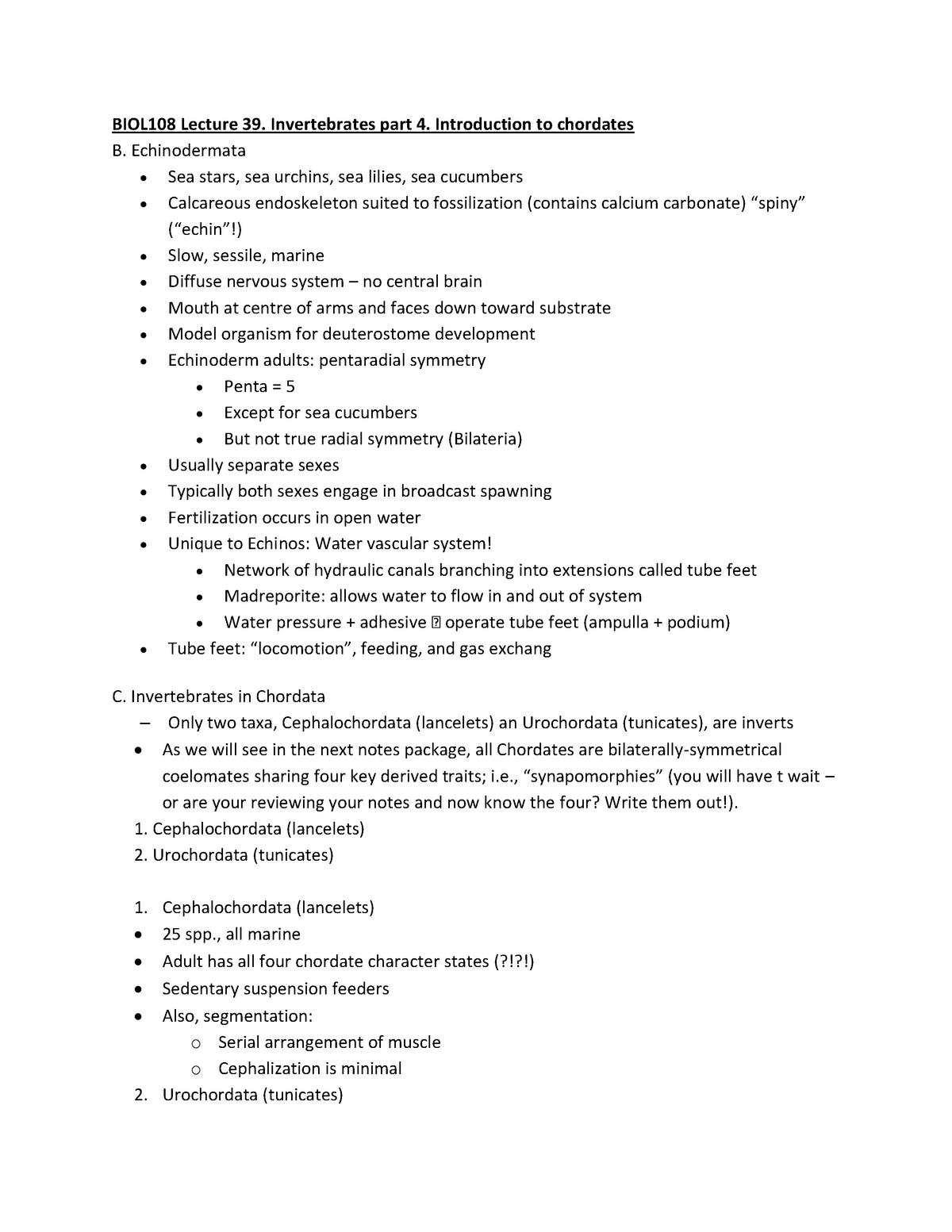 Lecture 39 Inertevrates And Intro To Chordates Biol108 Studocu