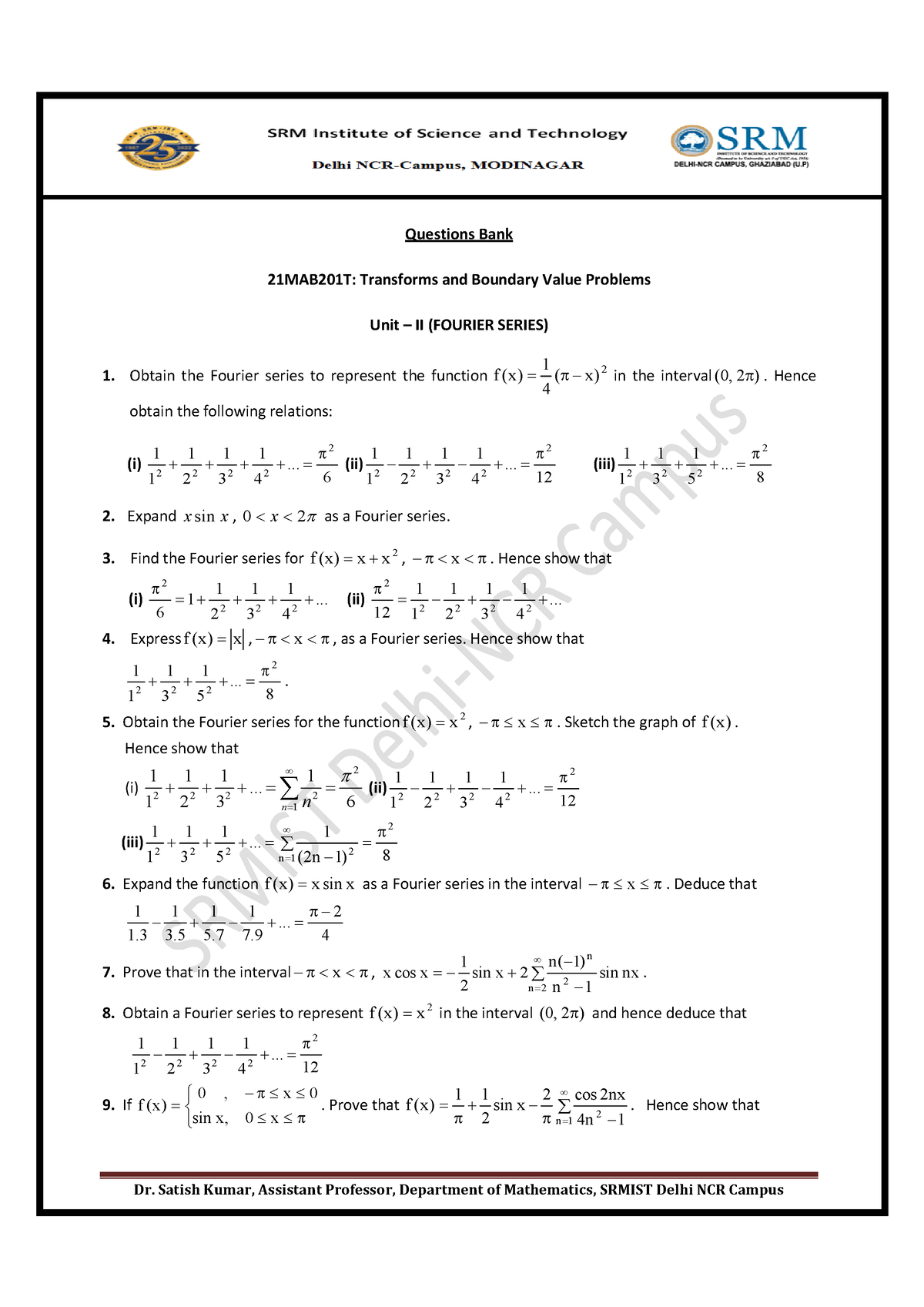 Maths Unit 2 Question Bank - Dr. Satish Kumar, Assistant Professor ...