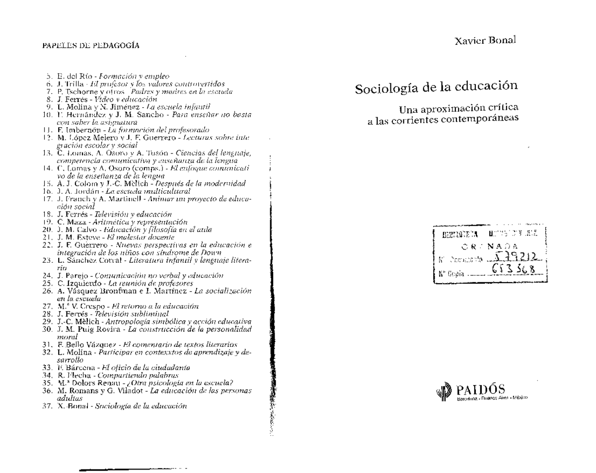 Bonal Xavier - Una Sociologia De La Educacion - PAPELES DE PEDAGOGÍA 5
