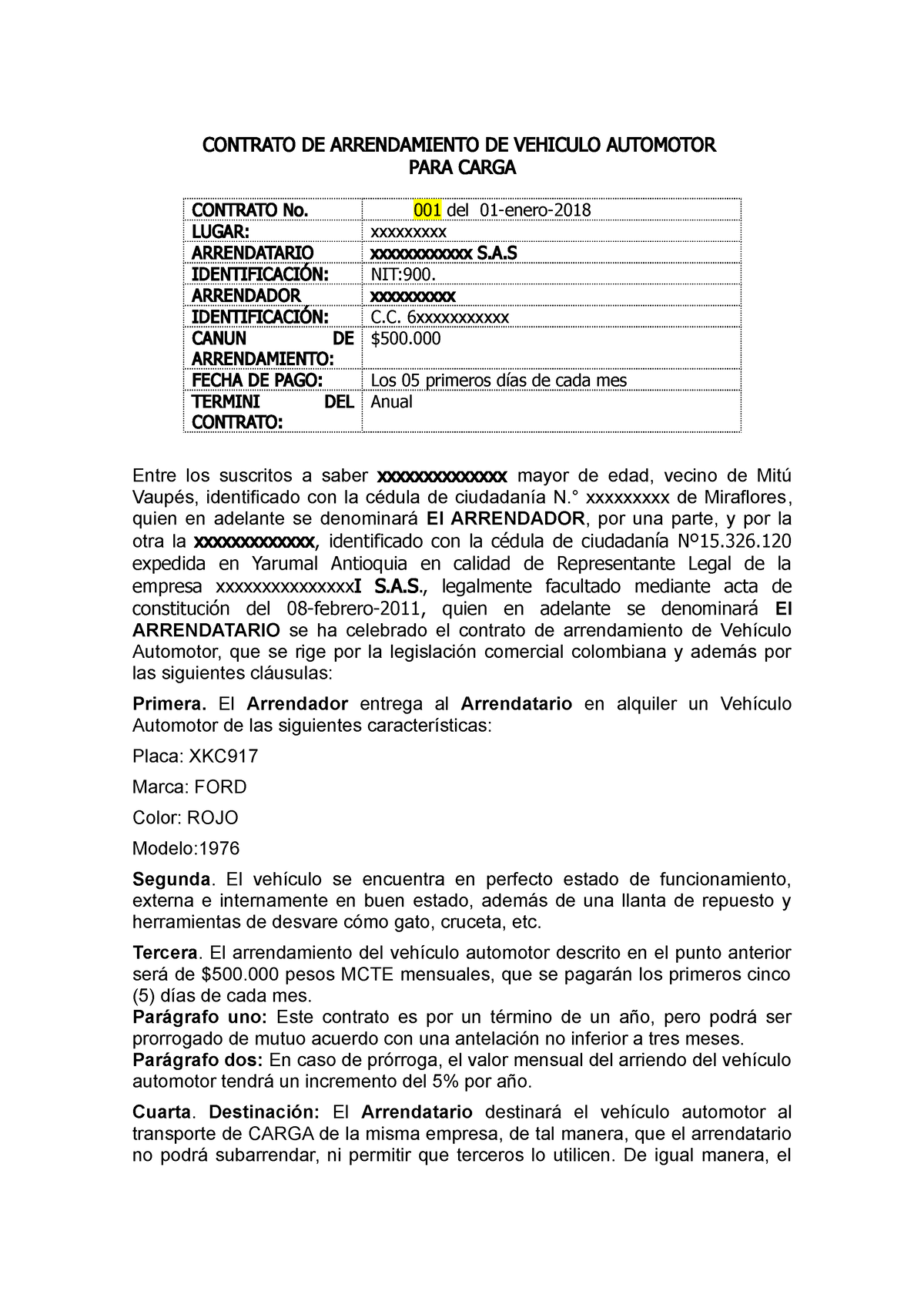 Contrato De Arrendamiento De Vehiculo Contrato De Arrendamiento De Vehiculo Automotor Para 3538