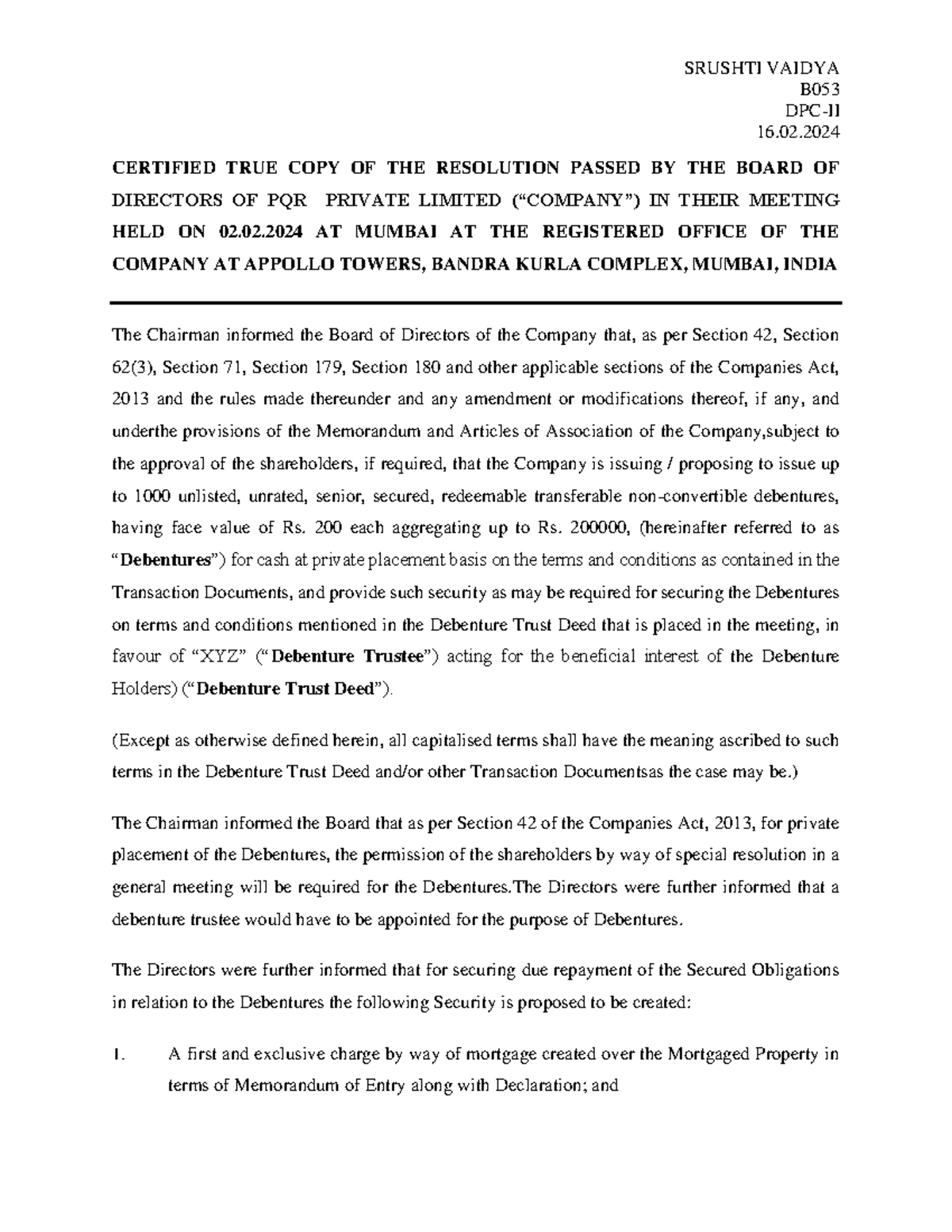 Board Resolution for Debentures - B0 53 DPC-II 1 6. CERTIFIED TRUE COPY ...