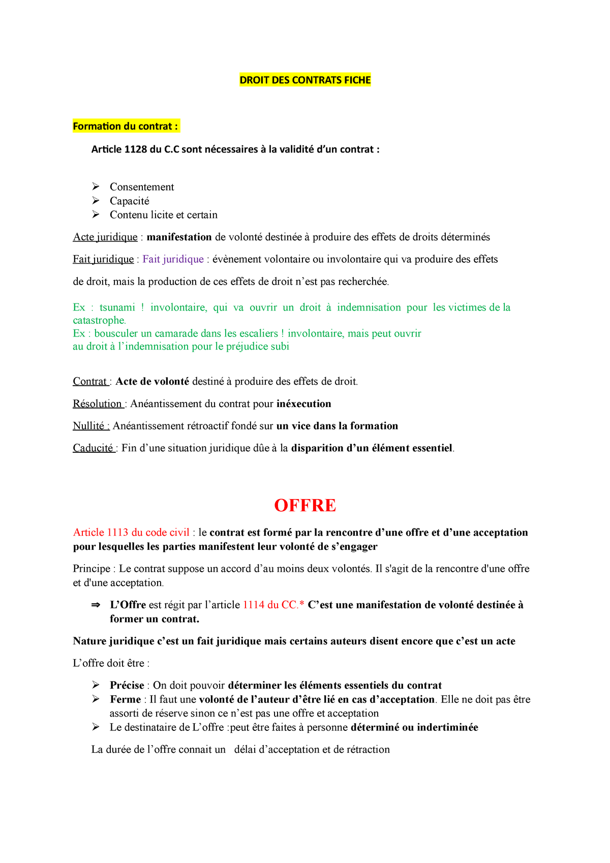 Droit Des Contrats Fiche De Revision - ####### DROIT DES CONTRATS FICHE ...