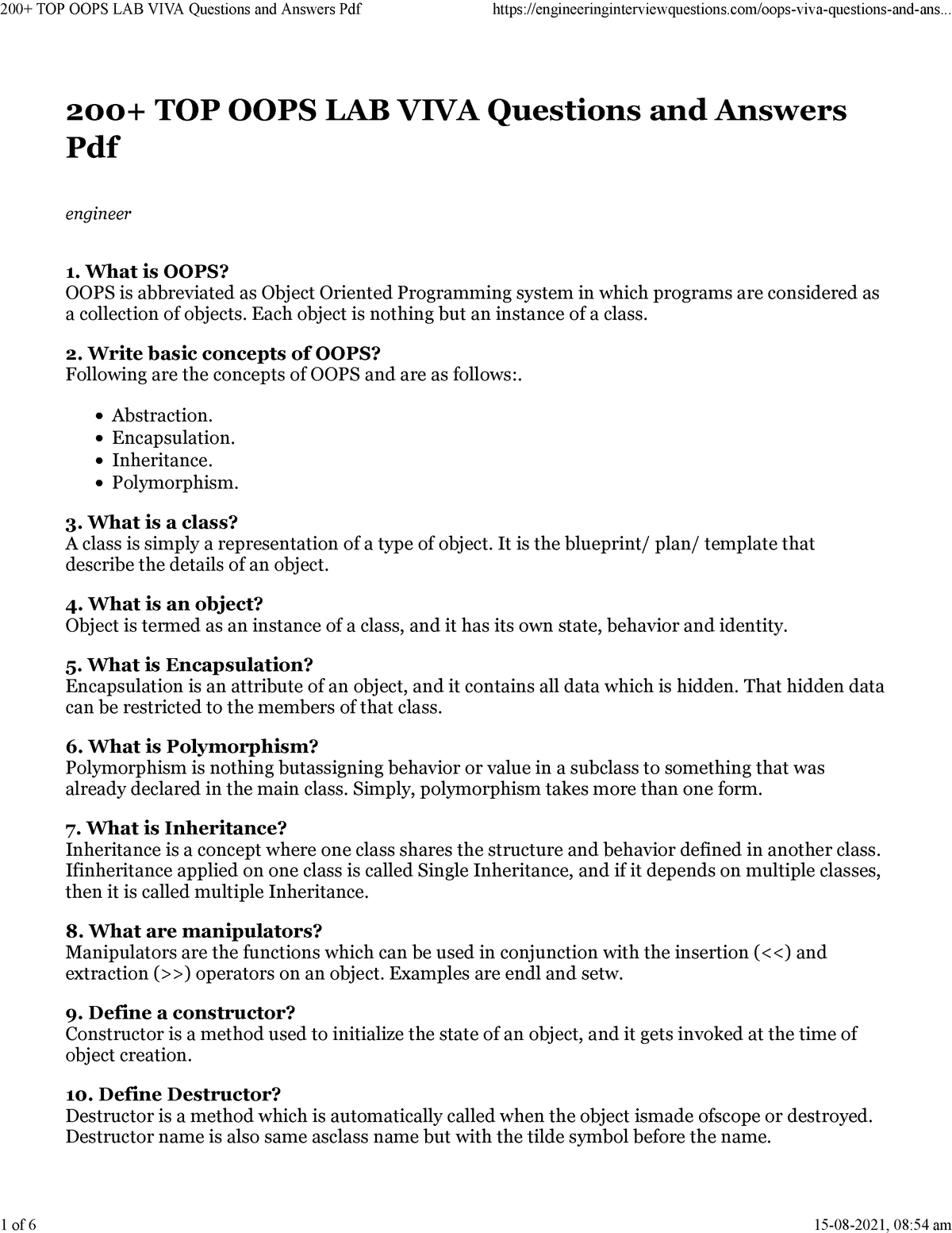 C This is important for Viva. 200 TOP OOPS LAB VIVA