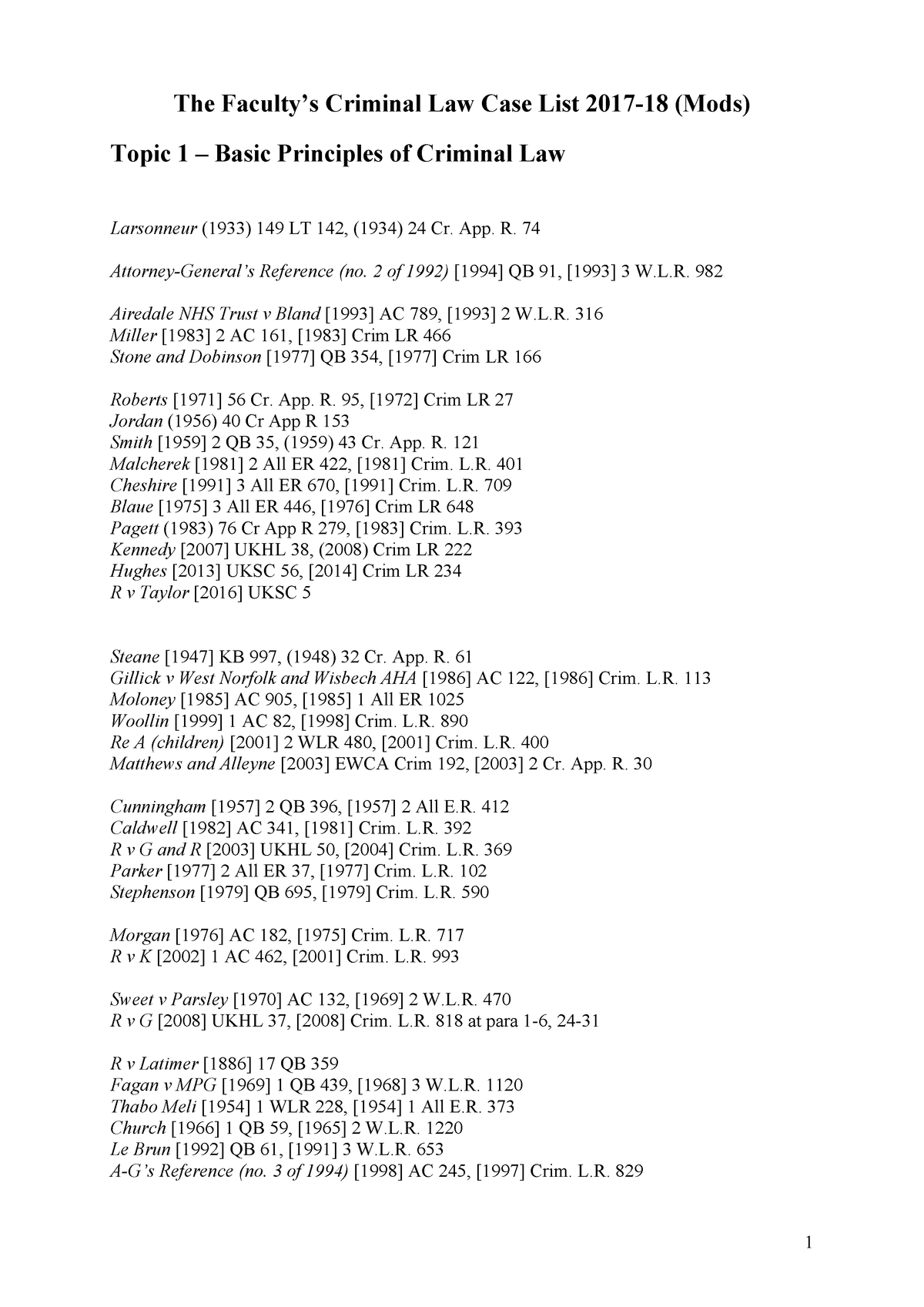 Criminal Law Case List Mods 17 18 Studocu